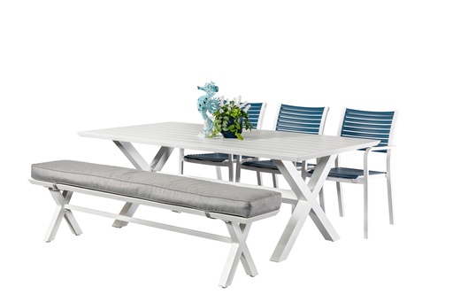 Samui 2m Table, Bench & 3 Aria Chairs White/Navy