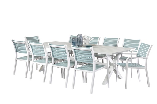 Samui 2.6m Table & 10 Aria Chairs White/Sky