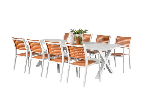 Samui 2.6m Table & 8 Aria Chairs White/Terracotta