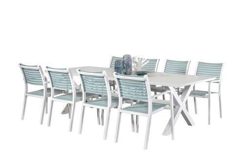 Samui 2.6m Table & 8 Aria Chairs White/Sky