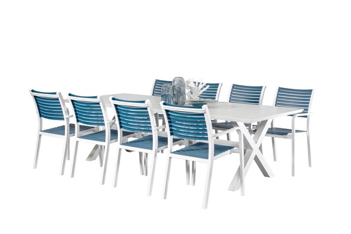 Samui 2.6m Table & 8 Aria Chairs White/Navy