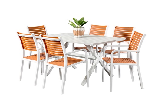 Samui 1.5m Table & 6 Aria Chairs White/Terracotta