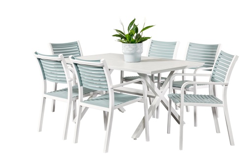 Samui 1.5m Table & 6 Aria Chairs White/Sky