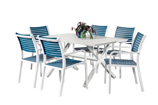 Samui 1.5m Table & 6 Aria Chairs White/Navy