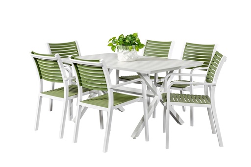 Samui 1.5m Table & 6 Aria Chairs White/Grass