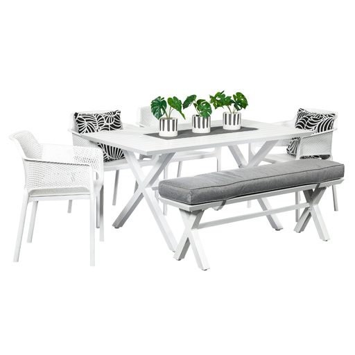 Samui 1.5m Table, Bench & 4 Paris Chairs White