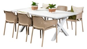 Samui 2m Table & 6 Paris Chairs White/Taupe