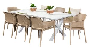 Samui 2m Table & 8 Paris Chairs White/Taupe