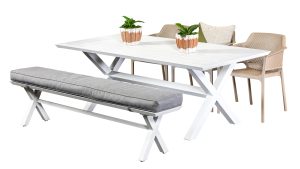 Samui 2m Table, Bench & 3 Paris Chairs White/Taupe