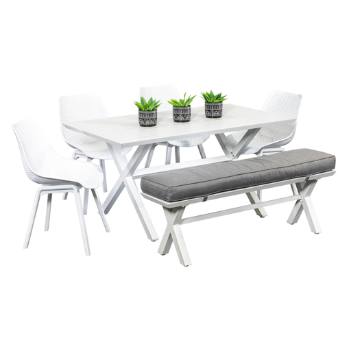 Samui 1.5m Table, Bench & 4 Bronte Chairs White
