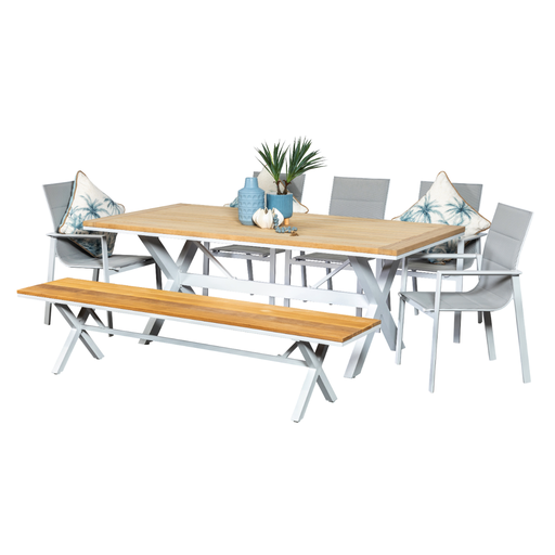 Tribeca 2m Table, Bench & 5 Lagoon Chairs White