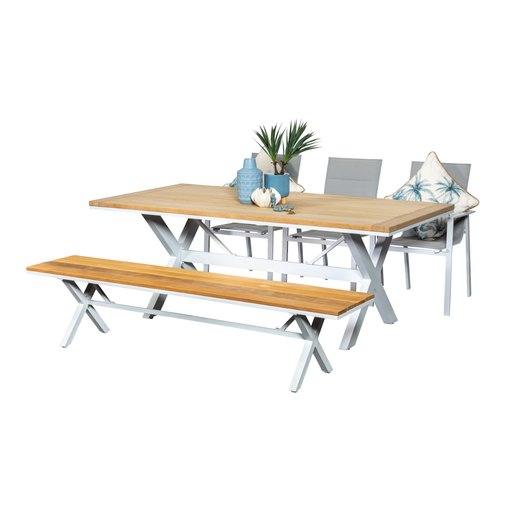 Tribeca 2m Table, Bench & 3 Lagoon Chairs White
