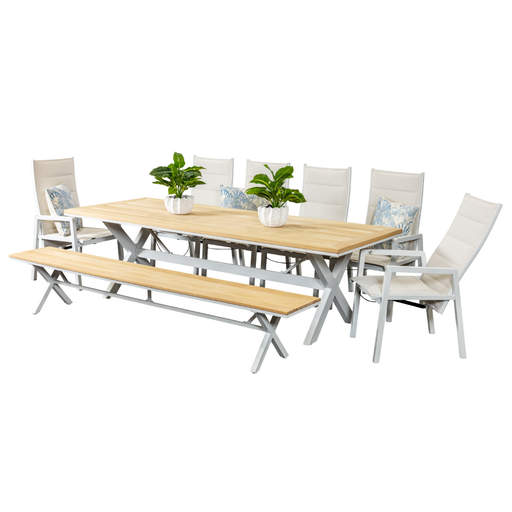 Tribeca 2.6m Table, Bench & 6 Crown Recliners White