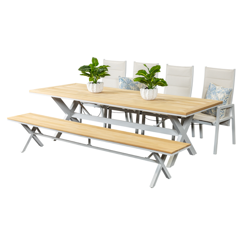 Tribeca 2.6m Table, Bench & 4 Crown Recliners White