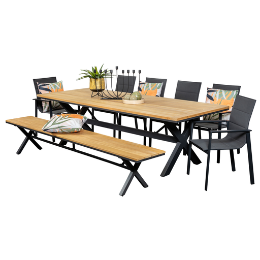 Tribeca 2.6m Table, Bench & 6 Lagoon Chairs Black