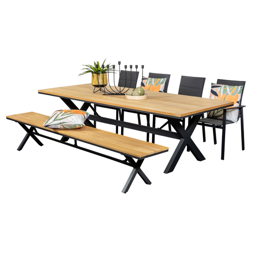 Tribeca 2.6m Table, Bench & 4 Lagoon Chairs Black