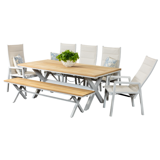 Tribeca 2m Table, Bench & 5 Crown Recliners White