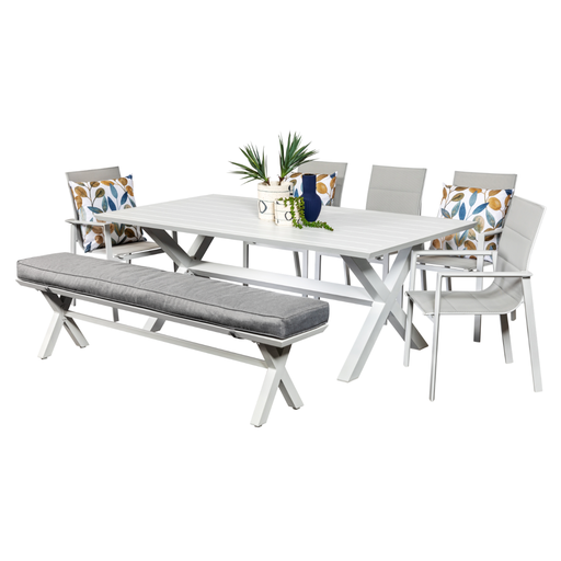 Samui 2m Table, Bench & 5 Lagoon Chairs White