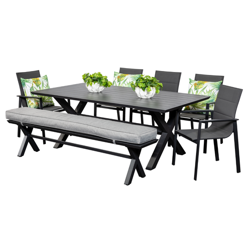 Samui 2m Table, Bench & 5 Lagoon Chairs Black