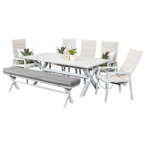 Samui 2m Table, Bench & 5 Crown Recliners White