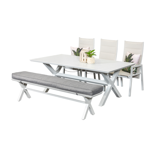 Samui 2m Table, Bench & 3 Crown Recliners White