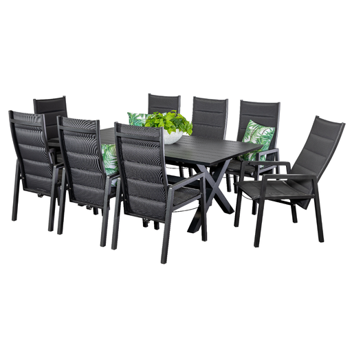 Samui 2m Table & 8 Crown Recliners Black