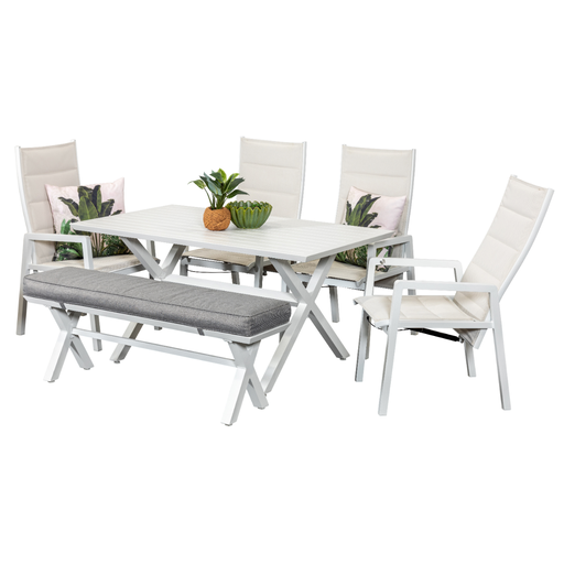 Samui 1.5m Table, Bench & 4 Crown Recliners White