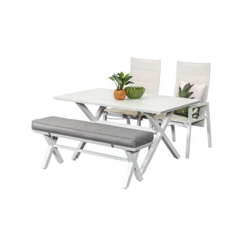 Samui 1.5m Table, Bench & 2 Crown Recliners White