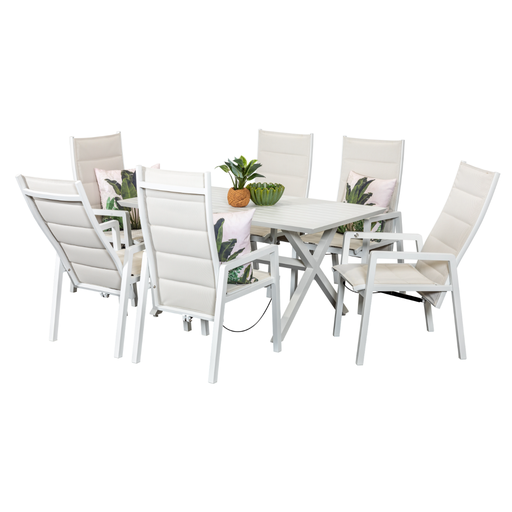 Samui 1.5m Table & 6 Crown Recliners White