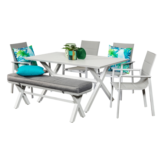 Samui 1.5m Table, Bench & 4 Lagoon Chairs White