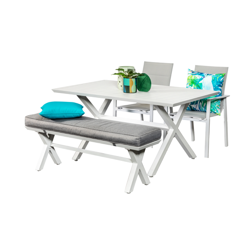 Samui 1.5m Table, Bench & 2 Lagoon Chairs White