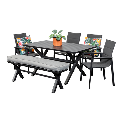 Samui 1.5m Table, Bench & 4 Lagoon Chairs Black