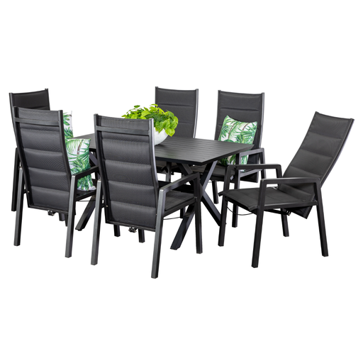 Samui 1.5m Table & 6 Crown Recliners Black