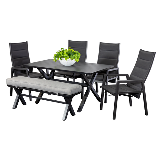 Samui 1.5m Table, Bench & 4 Crown Recliners Black