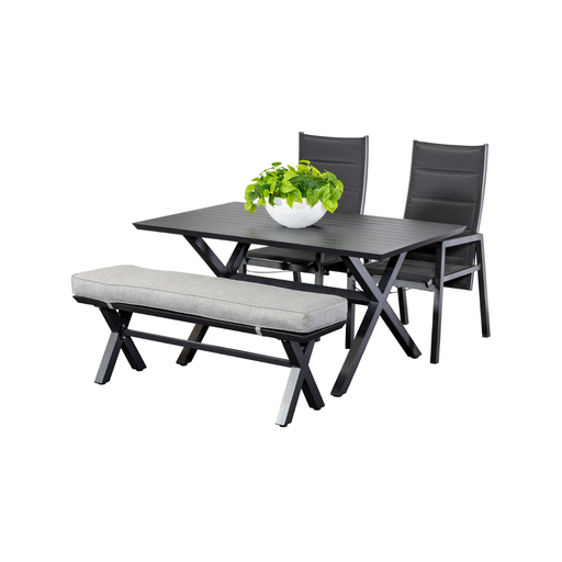Samui 1.5m Table, Bench & 2 Crown Recliners Black