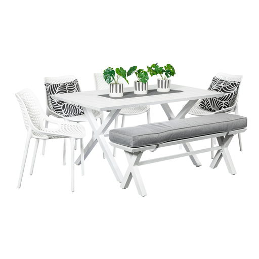 Samui 1.5m Table, Bench & 4 Isla Chairs White